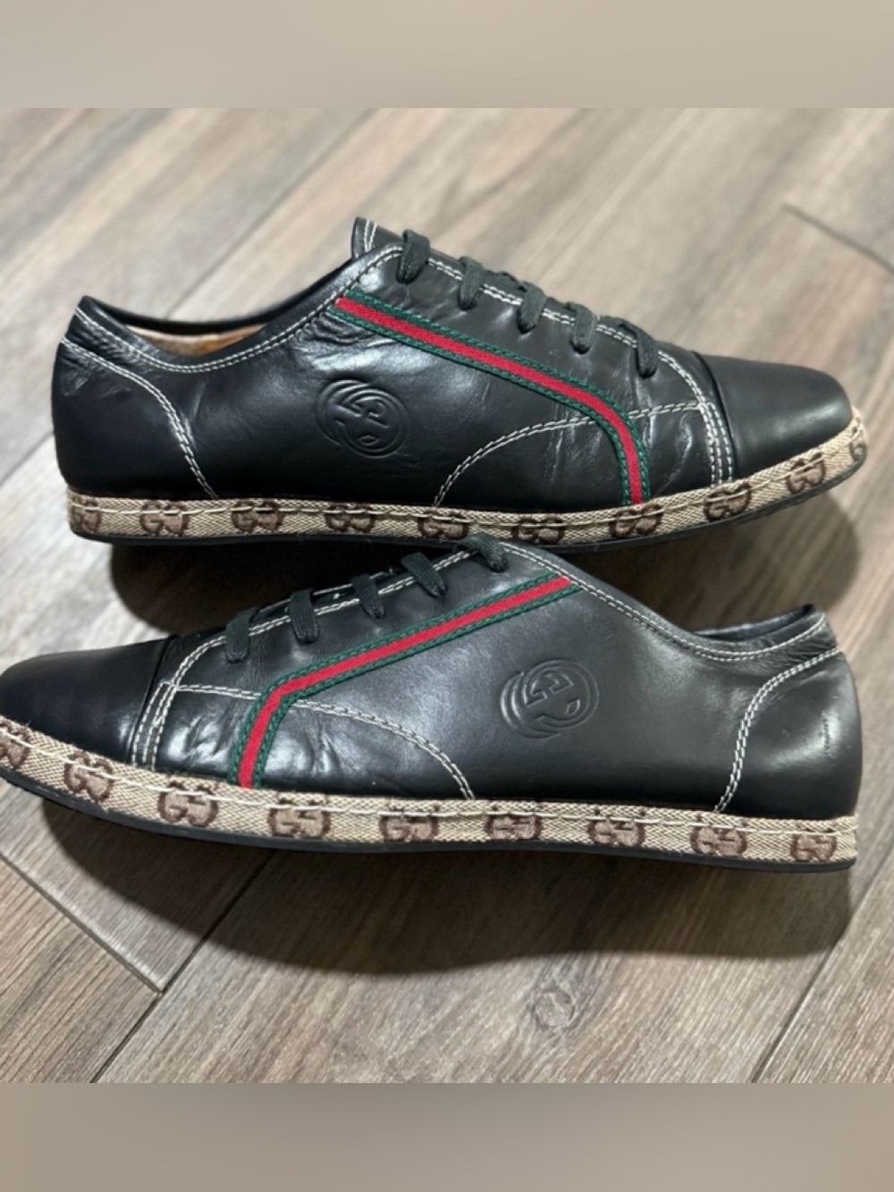 Gucci Black Leather Sneakers with Red-Green Web Stripe